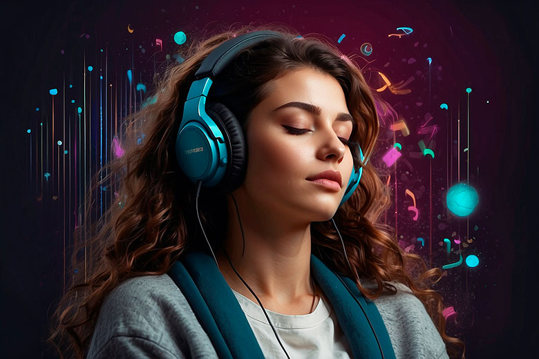 Sound therapy - a girl with headphones meditating